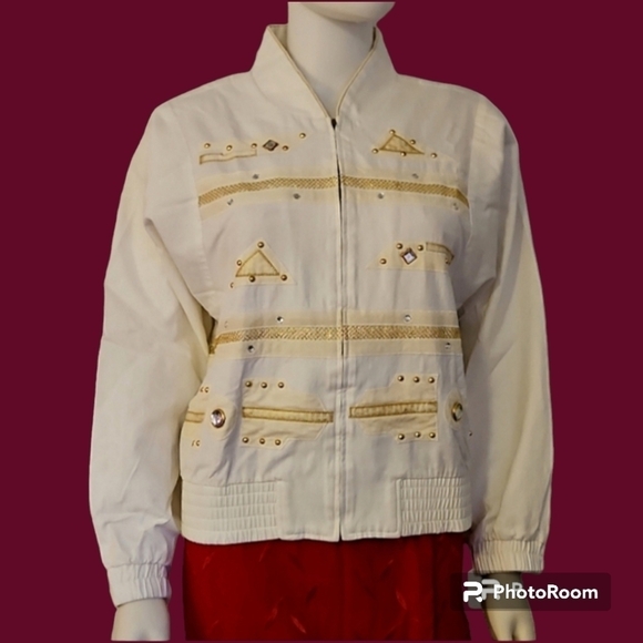 Vtg CITY GIRL 1980s White Geometric Metallic Gold Embellished Holiday Jacket - Picture 1 of 11